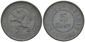 Бельгия 5 сантимов 1915 германская оккупация первая мировая война, Альберт I (1910-1934) KM 80 цинк aUNC 4617-331