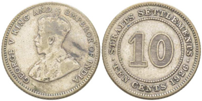 Стрейтс-Сетлментс 10 центов 1926 Георг V (1910-1936) KM 29b серебро 218-849