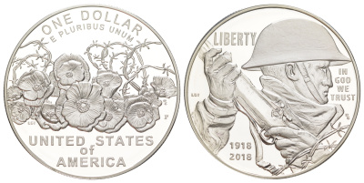 США 1 доллар 2018 P, 100 лет окончанию Первой Мировой войны, в оригинальной коробке, с сертификатом KM 682 серебро PROOF 8-2-02-11