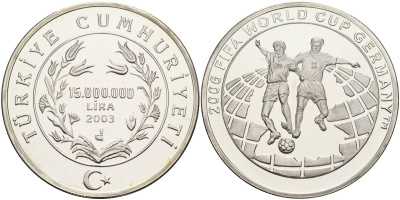 Турция 15000000 лир 2003 чемпионат мира по футболу в Германии 2006 года KM 1265 серебро PROOF 11-083-14