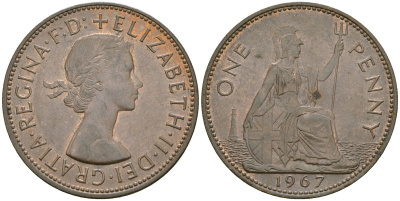 Великобритания 1 пенни 1967 Елизавета II (1952-2022) KM 897, Spink 4157 бронза 81-446