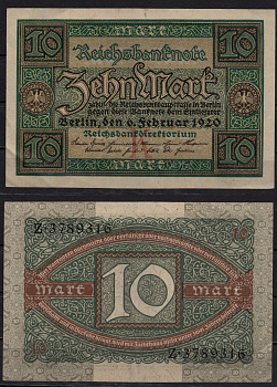Германия 10 марок 1920 Pick 67a бумага 8602-26-1-2