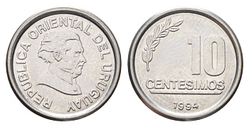 Уругвай 10 сентесимо 1994 год-тип KM 102 нержавеющая сталь UNC 4697-1036
