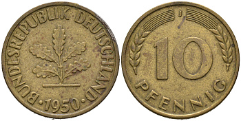 ФРГ 10 пфеннигов 1950 J KM 108, J.383 сталь плакированная латунью 4681-1116