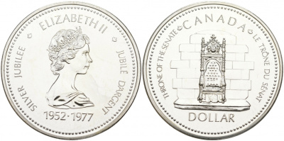 Канада 1 доллар 1977 25 лет вступлению на престол Королевы Елизаветы II KM 118 серебро UNC 1091-2-53