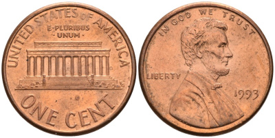 США 1 цент 1993 Авраам Линкольн КМ 201b цинк плакированный медью 4567-616