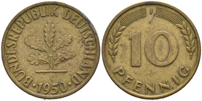 ФРГ 10 пфеннигов 1950 J KM 108, J.383 сталь плакированная латунью 4681-1116