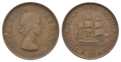 ЮАР 1 пенни 1954 Елизавета II (1952-2022), парусник KM 46 бронза 4123-1022