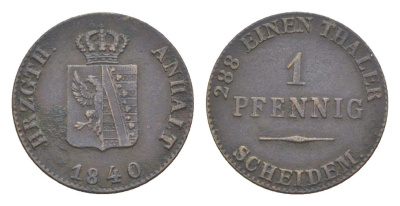 Ангальт-Бернбург 1 пфенниг 1840 Александр Карл KM 91 медь 1529-1033