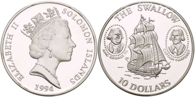 Соломоновы острова 10 долларов 1994 парусник, HMS Swallow, Филипп Картерет, король Георг III KM 52 серебро PROOF 1081-7-23
