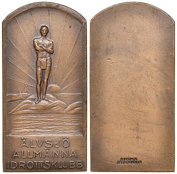 Швеция плакетка 1950-ые Плакета объединенного спортивного клуба района Альвсьо г. Стокгольма, 20,37 гр, 50,7*25,4 мм бронза 11-171-44