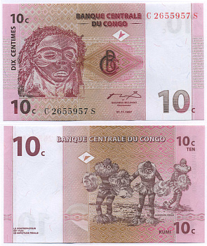 ДР Конго 10 сантимов 1997 маска пенде, танцоры пенде Pick 82 a бумага UNC (пресс) 444-114-2-2