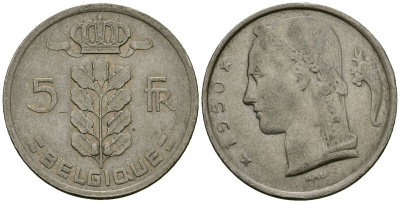 Бельгия 5 франков 1950 BELGIQUE KM 134 медно-никель 4177-1053