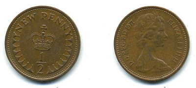Великобритания 1/2 пенни 1971 Елизавета II (1952-2022) КМ 914, Spink 4239 бронза 4110-1633
