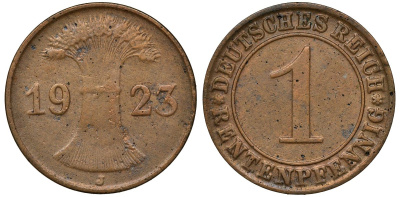 ГЕРМАНИЯ 1 РЕНТЕНПФЕННИГ 1923 J KM 30, J. 306 бронза 72-1123