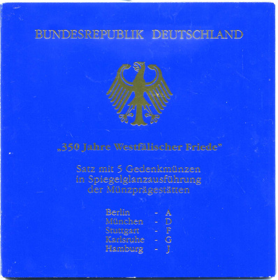 ФРГ набор из 5 штук по 10 марок 1998 A, D, F, G, J, 350 лет Вестфальскому мирному договору серебро PROOF 6-5-2-3