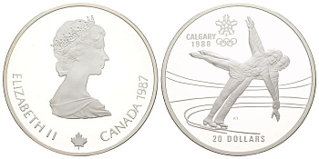 Канада 20 долларов 1987 XV зимние Олимпийские Игры, Калгари 1988 - Фигурное катание, в оригинальной упаковке, с сертификатом KM 155 серебро PROOF 8-2-01-63