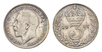 Великобритания 3 пенса 1917 Георг V (1910-1936) KM 813, Spink 4015 серебро 4643-1227