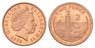 Гибралтар 2 пенса 1998 KM 774 сталь плакированная медью UNC 4666-312