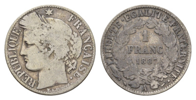 Франция 1 франк 1887 A KM 822.1 серебро 93-114