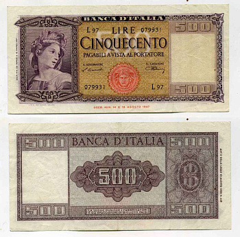 Италия 500 лир 1947 Pick 80а бумага XF 451-304-1