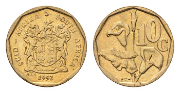 ЮАР 10 центов 1992 герб, цветок алоэ KM 135 сталь плакированная бронзой UNC 4694-649