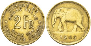 Бельгийское Конго 2 франка 1946 слон KM 28 латунь 4541-1016