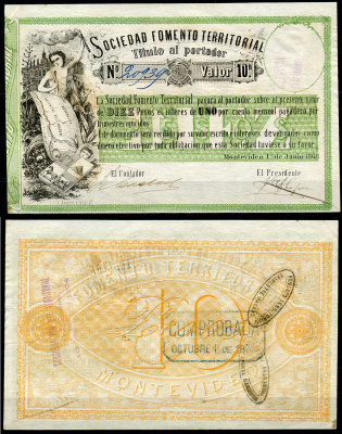 Уругвай, Монтевидео 10 песо 1868 мальчик, карта, № 20923 Pick S481  бумага 451-14-1