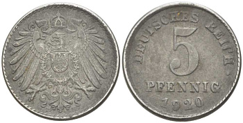 ГЕРМАНИЯ 5 ПФЕННИГОВ 1920 D KM 19, J. 297, Weege 5 железо 206-728