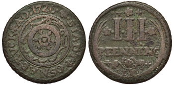Оснабрюк 3 пфеннига 1726 IW Kennepohl 481 медь 00-00
