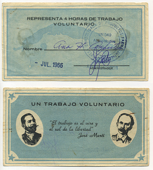 Куба фабричная карточка 1966 на 4 часа волонтерского труда, CONSOLIDADA DE PRODUCTOS FARMACEUTICOS EMPRESSA (1 июля 1966). субботник   бумага   6279-37-2-2