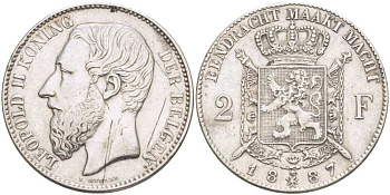 Бельгия 2 франка 1887 Леопольд II (1865-1909), Belgen KM 31 серебро 00-814-15