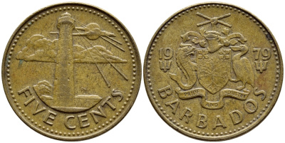 Барбадос 5 центов 1979 маяк Саут-Пойнт KM 11 латунь 4398-515