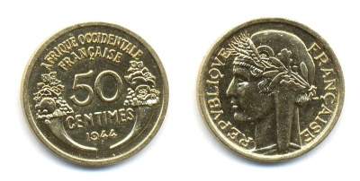 Французская Западная Африка 50 сантимов 1944 редкая KM 1, Lec 1 алюминиевая бронза aUNC 53-1123