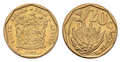 ЮАР 20 центов 1993 герб, цветок протея KM 136 сталь плакированная бронзой UNC 4694-825