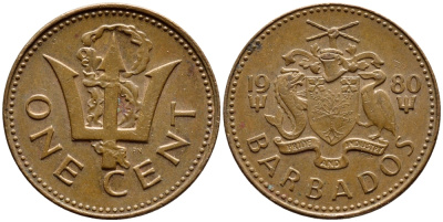 Барбадос 1 цент 1980 сломанный трезубец Британии KM 10 бронза 4396-1259