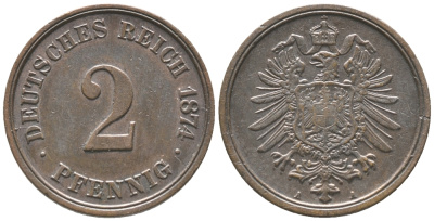 ГЕРМАНИЯ 2 ПФЕННИГА 1874 А, СТАРОГЕРБОВКА KM 2, J. 2 медь 100-915