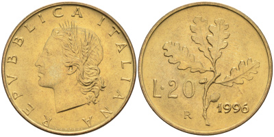 Италия 20 лир 1996 R, дубовый лист KM 97.2 алюминиевая бронза  UNC  4594-1047