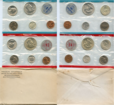 США официальные наборы из 10 монет и 2 жетона монетного двора 1963 D, P, Франклин KM MS 116 серебро  UNC  3-6-1-14