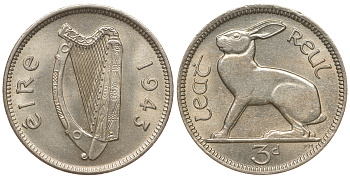 Ирландия 3 пенса 1943 заяц KM 12a медно-никель UNC 1525-842