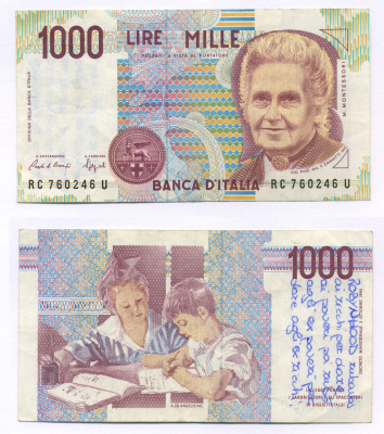 Италия 1000 лир 1990 Мария Монтессори Pick 114а бумага 7205-21-2