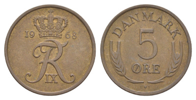 Дания 5 эре 1968 C; S, Фредерик IX (1947-1972) KM 848 бронза 4529-835