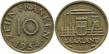 Саарланд 10 франков 1954 индустрия KM 1 алюминиевая бронза 4364-2032