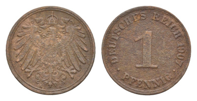 Германия 1 пфенниг 1907 A, Вильгельм II (1888-1918) KM 10, J. 10 медь 4647-838