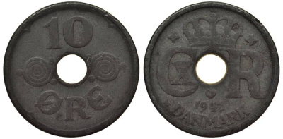ДАНИЯ 10 ЭРЕ 1943 N; GJ, КРИСТИАН X (1912-1947) KM 822.2а цинк 4549-865