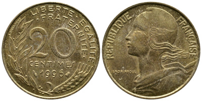 ФРАНЦИЯ 20 САНТИМОВ 1996 KM 930 медь алюминий никель 51-4242
