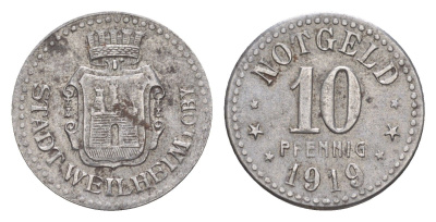 Вайльхайм 10 пфеннигов 1919 Funck 585.6, Men18 33058.3 железо 1527-1421