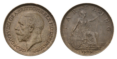 Великобритания 1 фартинг 1929 Георг V (1910-1936) KM 825, Spink 4061 бронза aUNC 4690-757