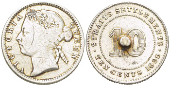 Стрейтс-Сетлментс 10 центов 1899 Виктория (1837-1901), напайка KM 11 серебро 217-446