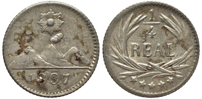 Гватемала 1/4 реала 1897 5 звезд, Испанское правление KM 162 серебро 112-627